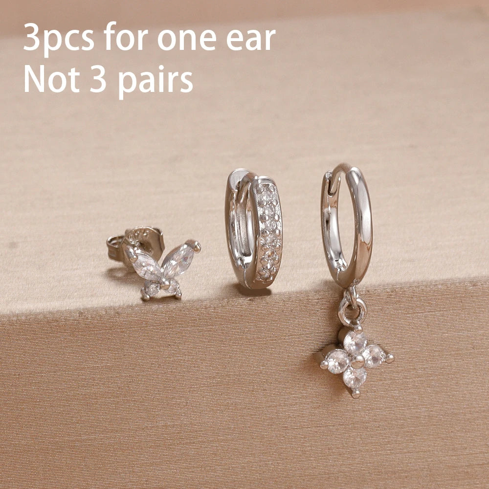 3PCS Fashion Simple Zircon Hoop Earrings Set Stainless Steel Punk