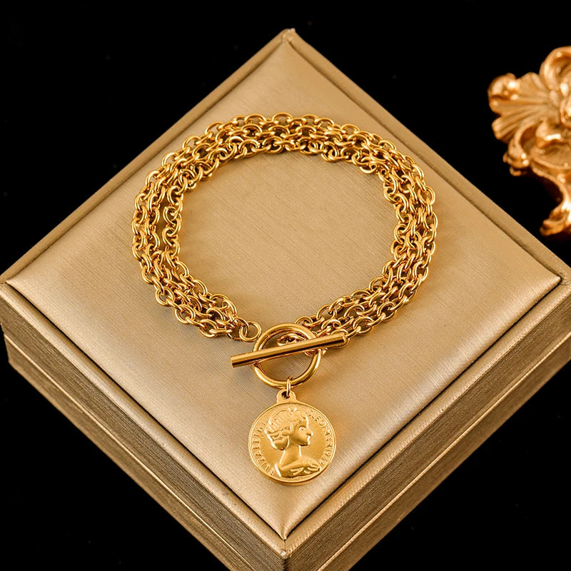 Gold Colour Stainless Steel Charm Bracelet Trendy Textured Jewellery