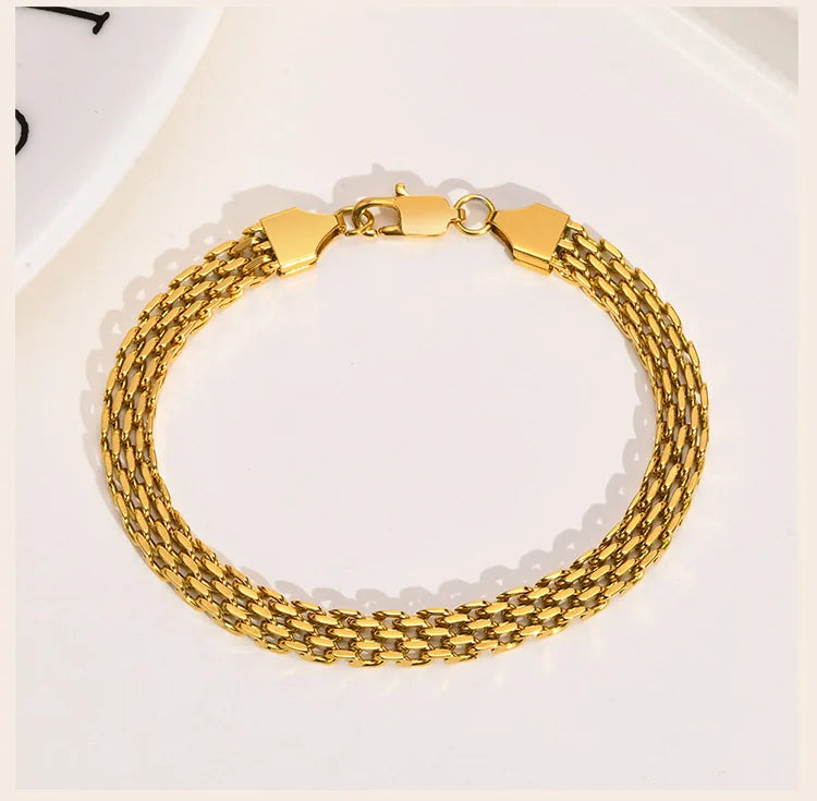 6mm Waterproof Mesh Link Chain Bracelet For Women, 18k Gold Plated Stainless Steel Adjustable, Non Tarnish Jewelry 17cm-21cm