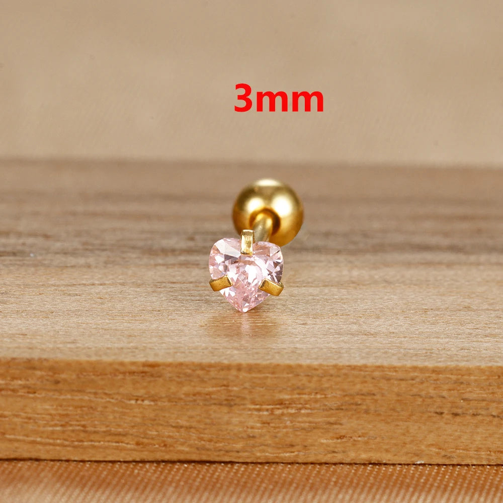 1PC Simple Pink Cubic Zirconia Heart Small Stud Earrings Steel