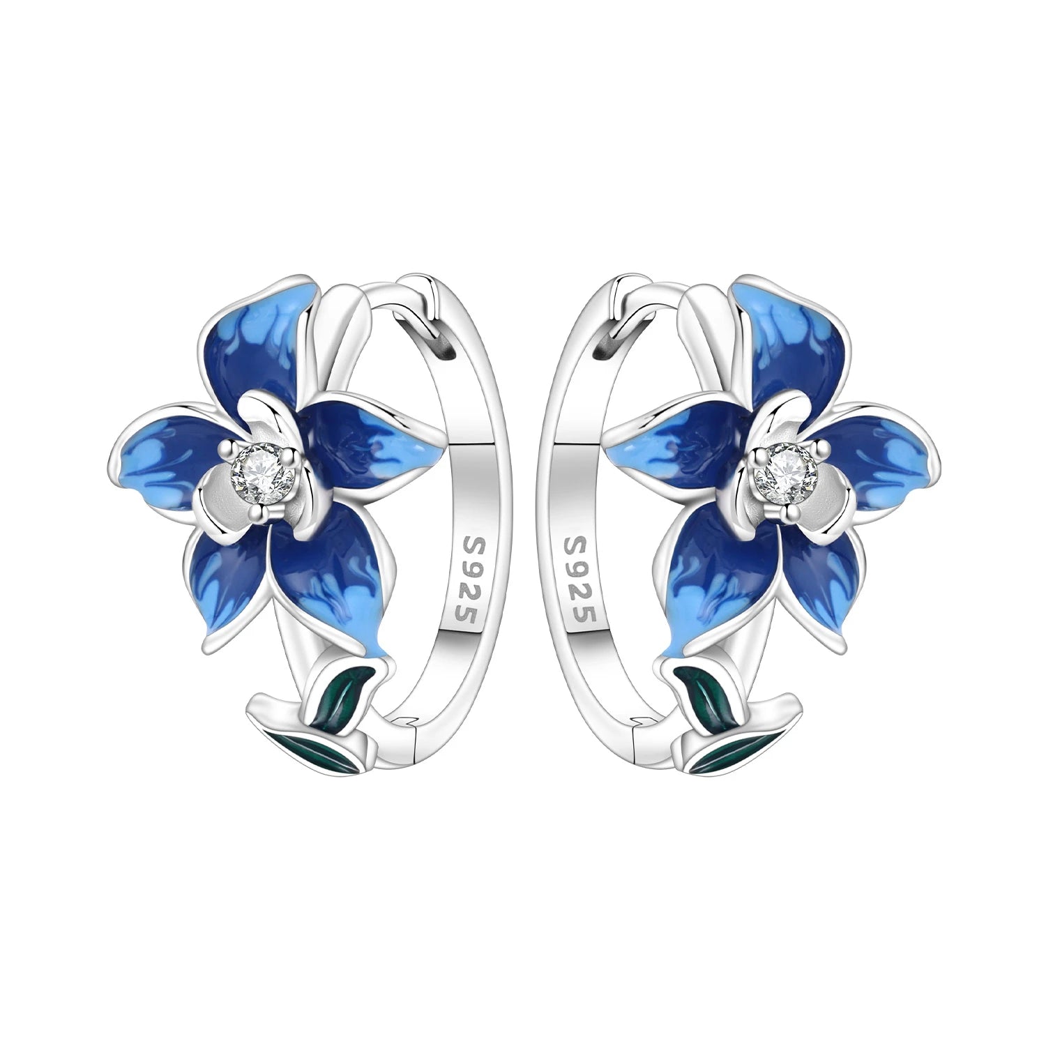 925 Sterling Silver Blue Leaf Plant Ear Studs Hoop Earrings Jewellery Gift