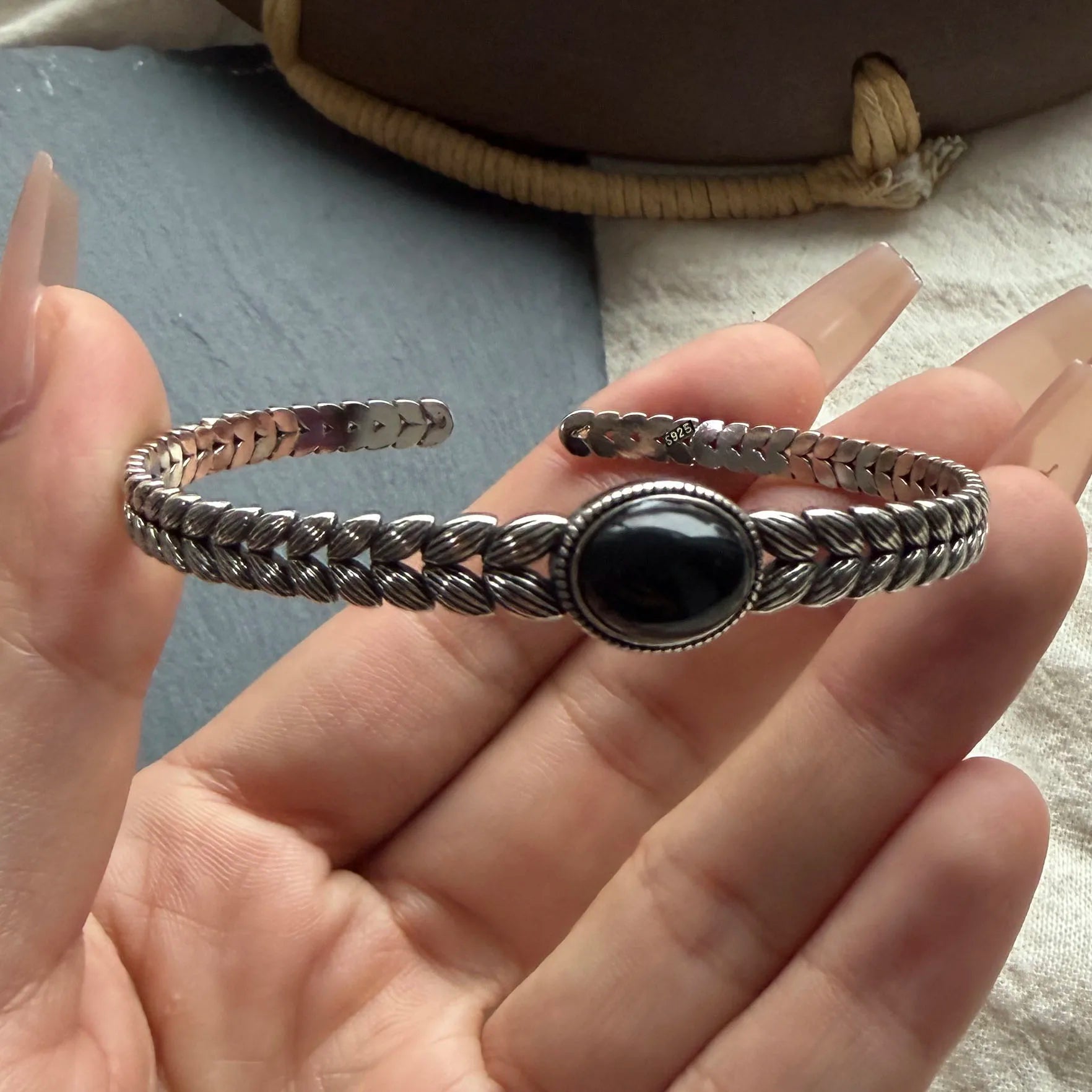 100% Solid 925 Sterling Silver Metal Bracelet for Women Men Vintage Black Stone Letters Handmade Simple Birthday Gift