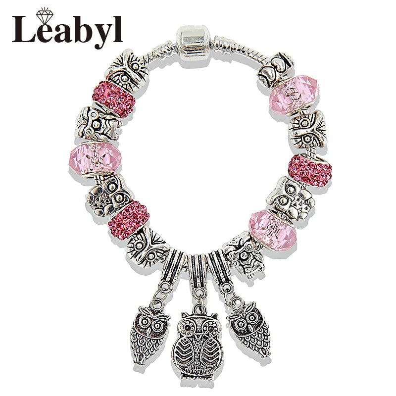 Romantic Pink Heart Charm Bracelet Fine Crystal DIY Bead Bangle Gift