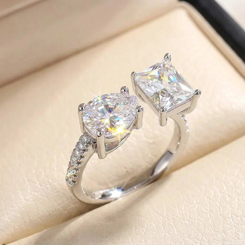925 Sterling Silver Pear Cut Emerald Cut Simulated Diamond Wedding Party Vintage Adjustable Ring