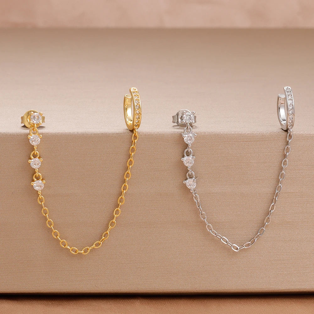 1PC Simple Stainless Steel Gold Colour Chain Tassel Zircon Stud