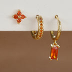 3PCS Fashion Orange Blue Zircon Hanging Earrings Stainless Steel Flower