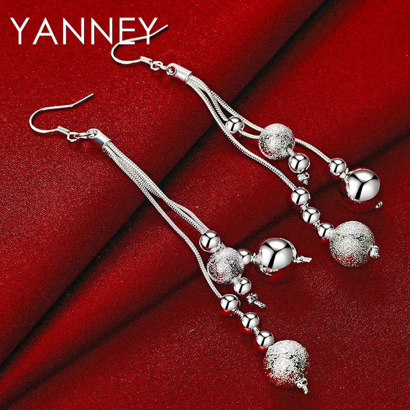 925 Sterling Silver 95mm Long Tassel Beads Earrings Women Fashion Wedding