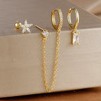 3PCS Gold Plated Lightning Flower Chain Drop Earrings Zircon Dangle