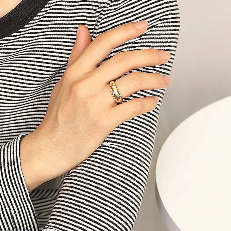 925 Sterling Silver Star Chunky Ring Vintage Trendy Gold Colour Zirconia Stacking Punk Accessory