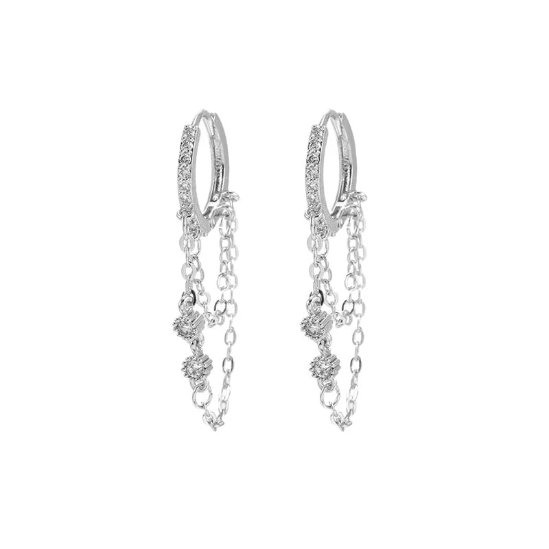 2PCS Gold Colour Crystal Zirconia Chain Hoop Earrings Small Pendant