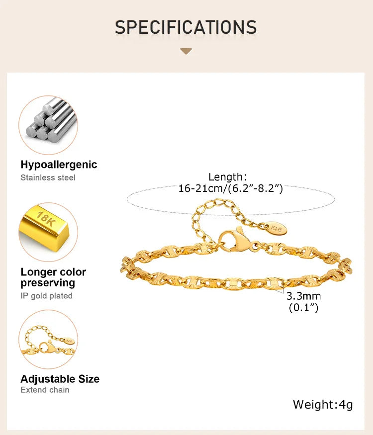 Stainless Steel Women Link Chain Bracelet, 18k Gold Plated Statement Female Jewelry