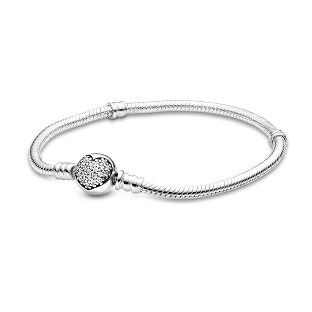 For Women 925 Sterling Silver Moments Heart Closure Bracelet Classic Snake Chain Jewelry Gift Fit Original Charm DIY