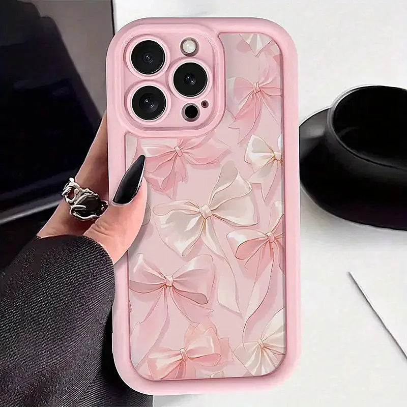 Gentle Pink Bow Soft Case for iPhone 16 17 15 14 13 12 11 Pro Max Plus SE