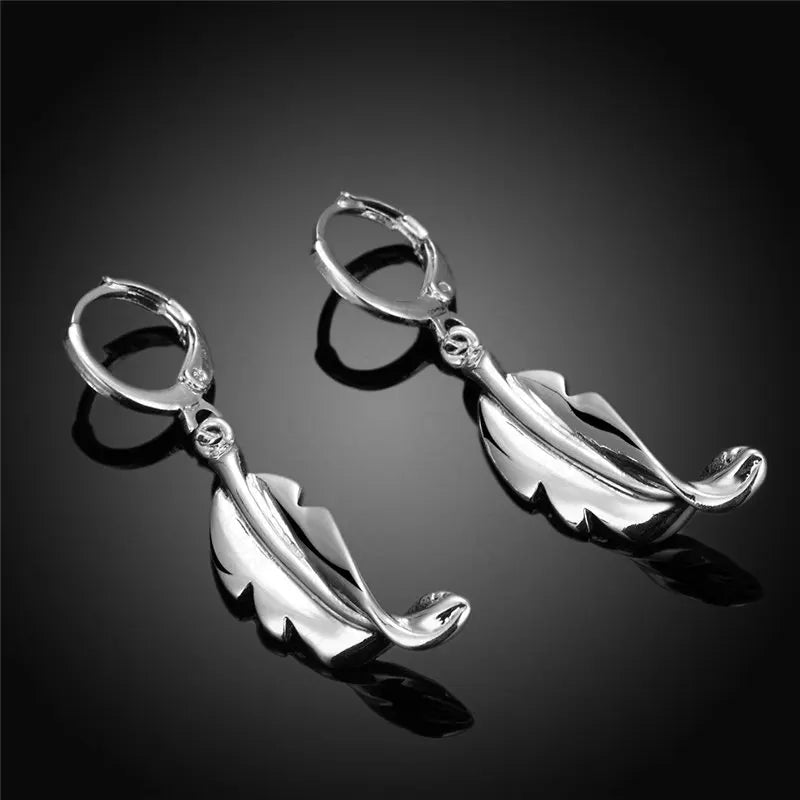 925 Sterling Silver 40mm Feather Earrings Women Fashion Charm Wedding Gift