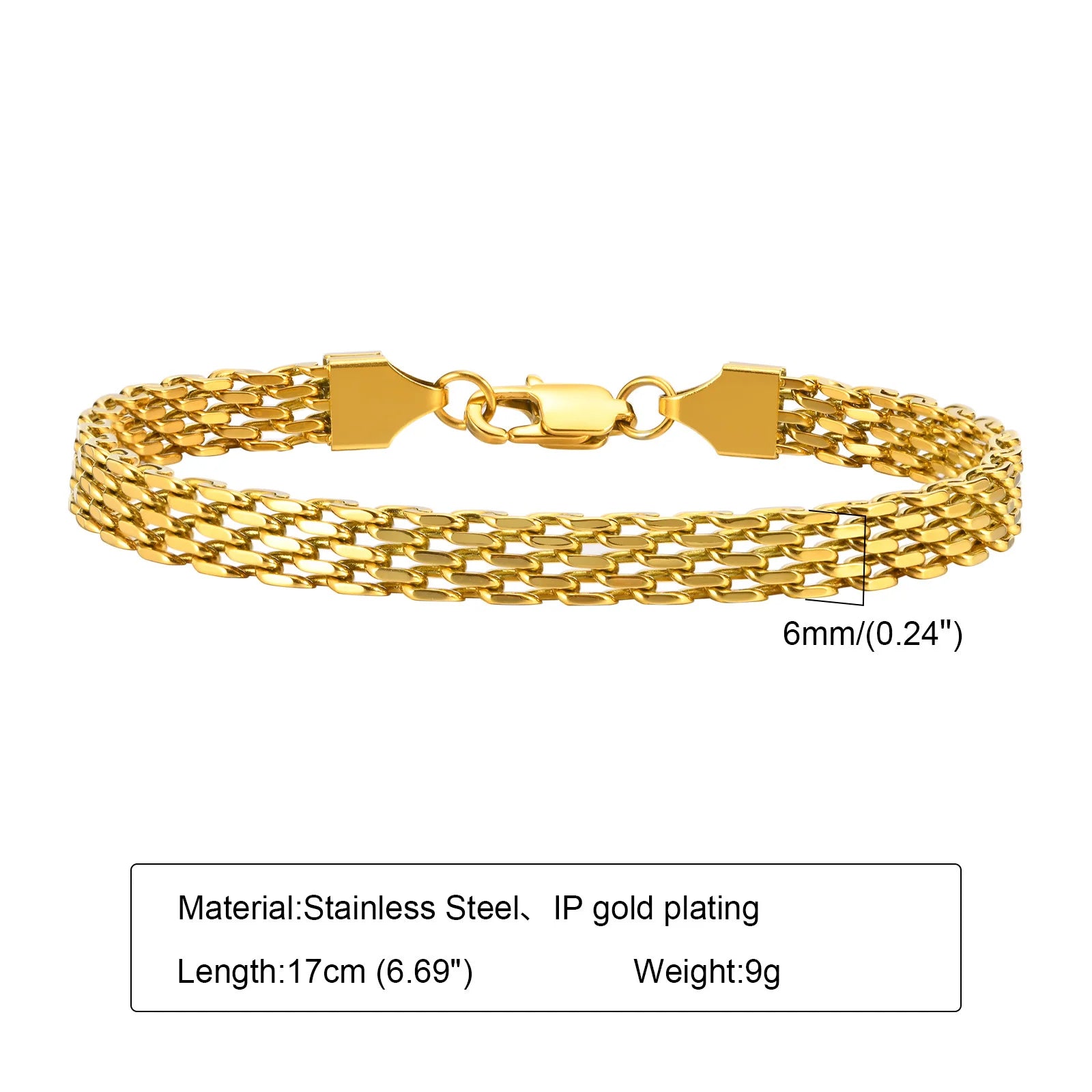 Stainless Steel Chain Women Bracelet, Wide Brand Mesh Link Adjustable Wristband, 18k PVD Gold Plated Vintage Jewelry
