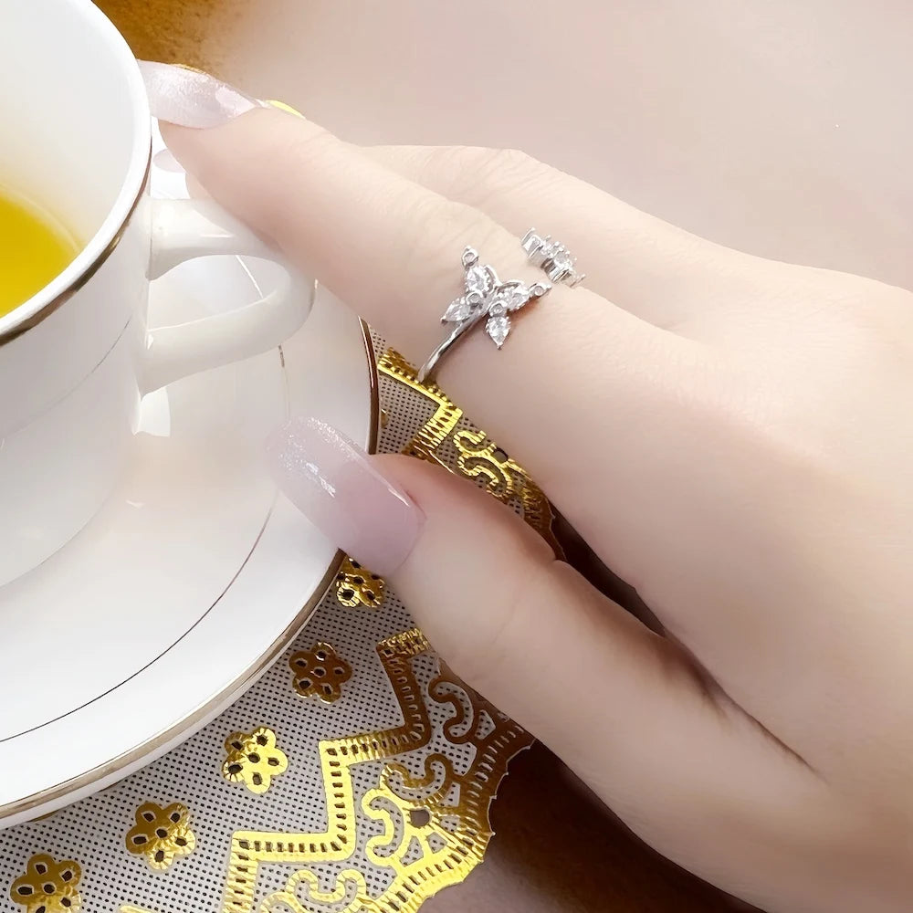 Butterfly with Flower Ring 925 Sterling Silver Romantic Fine Jewellery Women