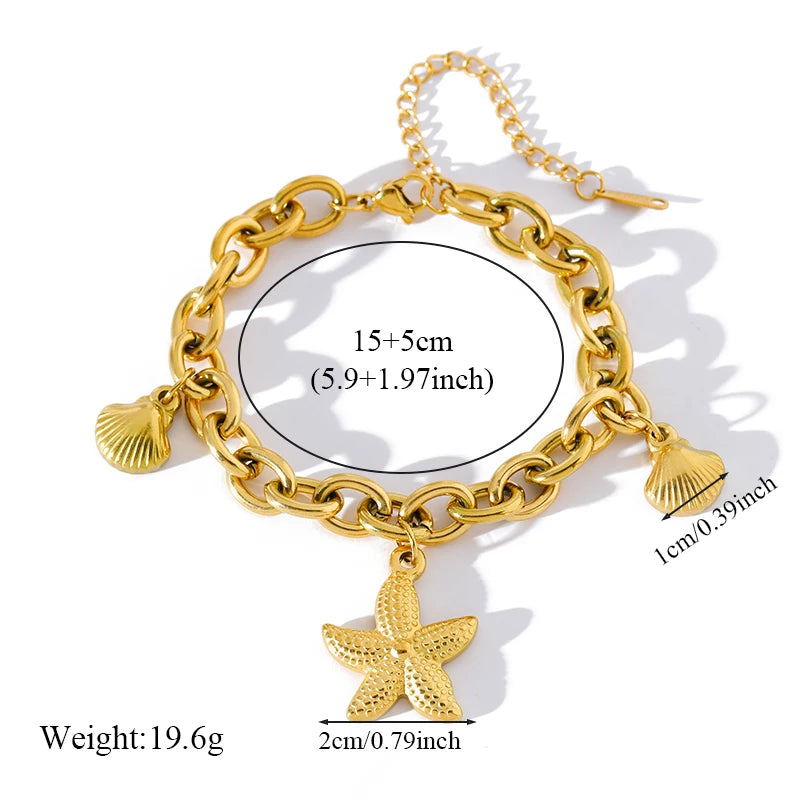 Gold Colour Starfish Moon Star Stainless Steel Charm Bracelet Trendy