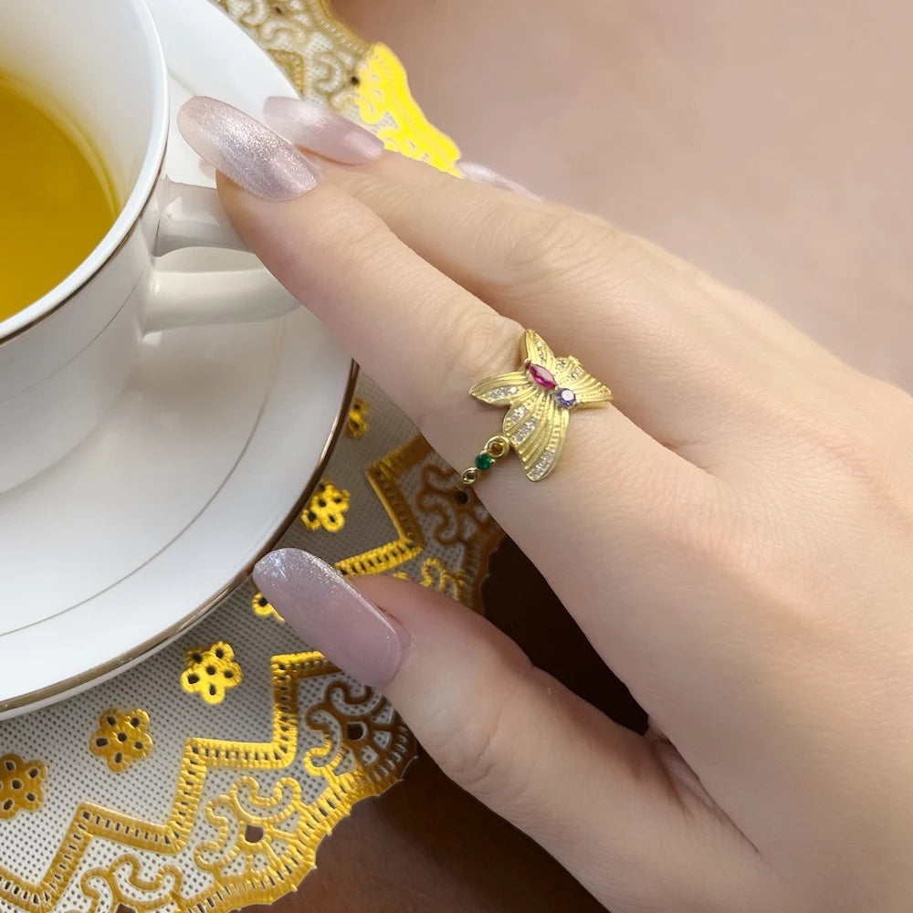 Delicate Butterfly Gold Ring 925 Sterling Silver Lucky Jewellery Women Gift