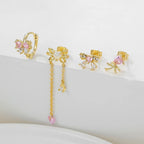 2PCS Pink Zircon Chain Tassel Bowknot Drop Earrings Sweet Pendant