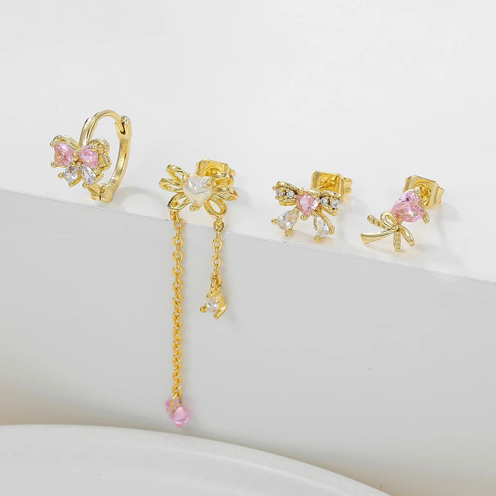 2PCS Pink Zircon Chain Tassel Bowknot Drop Earrings Sweet Pendant