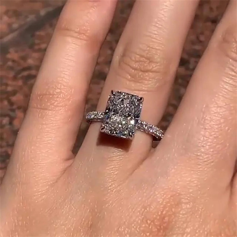 Classic Rectangle Stone Rings For Women Silver Color Geometric Square White Zircon Wedding Bands Engagement Ring Bridal Jewelry