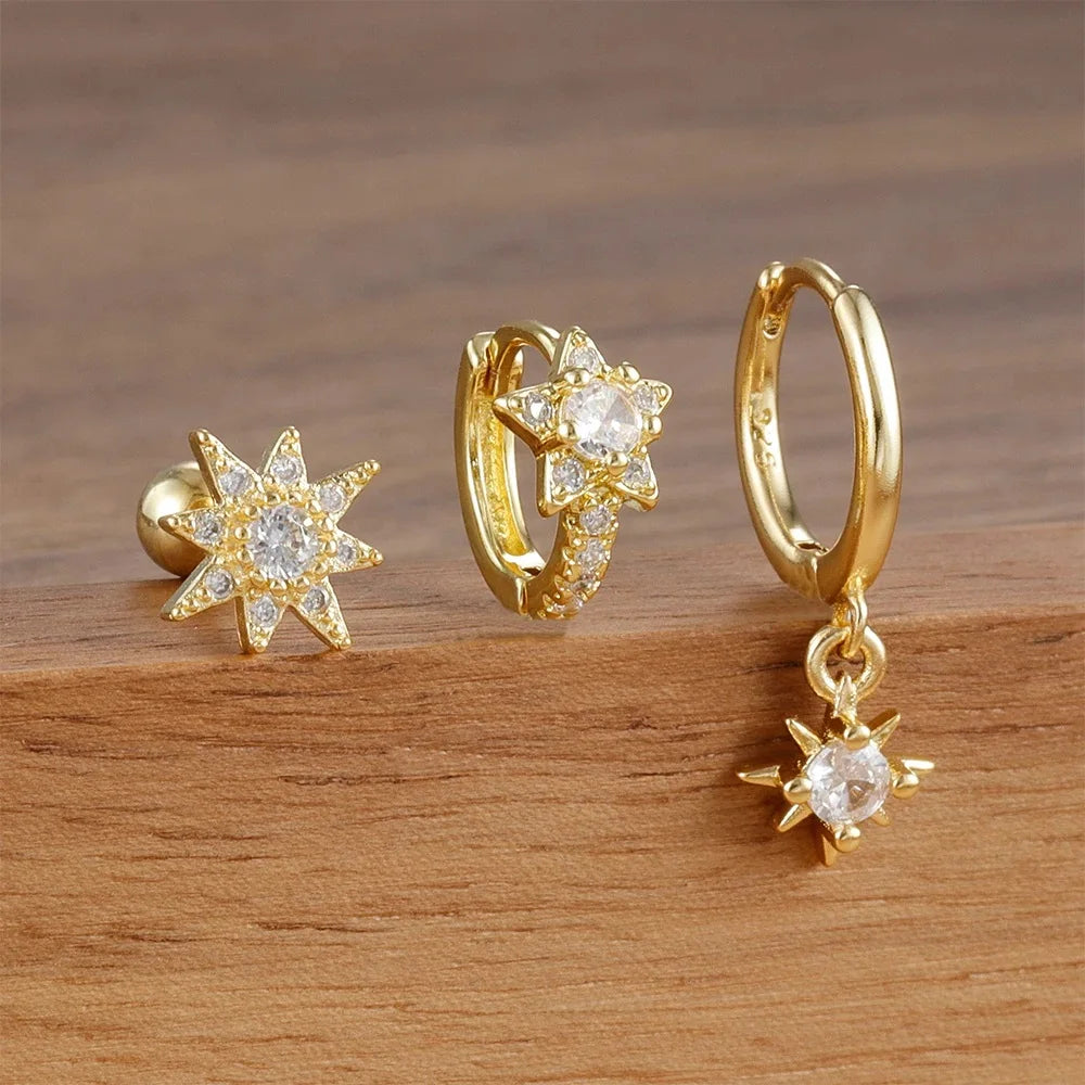 3PCS Gold Sparkling Zircons Star Dangle Earrings Set for Women