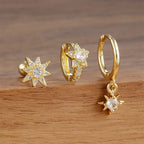 3PCS Gold Sparkling Zircons Star Dangle Earrings Set for Women