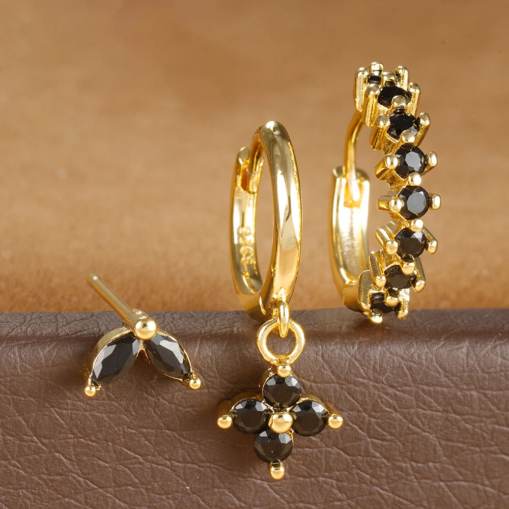 3PCS Vintage Stainless Steel Multicolor Zirconia Hoop Earrings Set