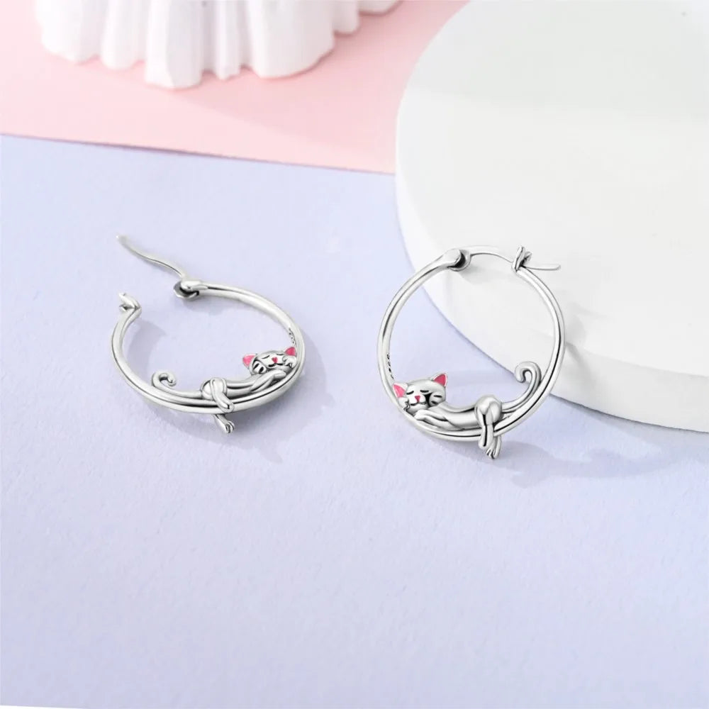 925 Sterling Silver Cute Lazy Cat Animal Pet Hoop Earrings Birthday Gift