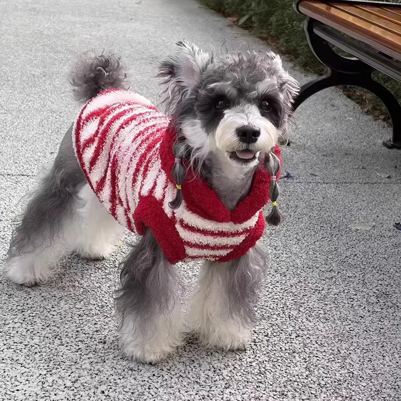 Red Stripe Hooded Dog Cat Vest, Warm Plush Fleece Jacket for Small Medium Pets, Winter Coat with Cute Animal Costume Hood