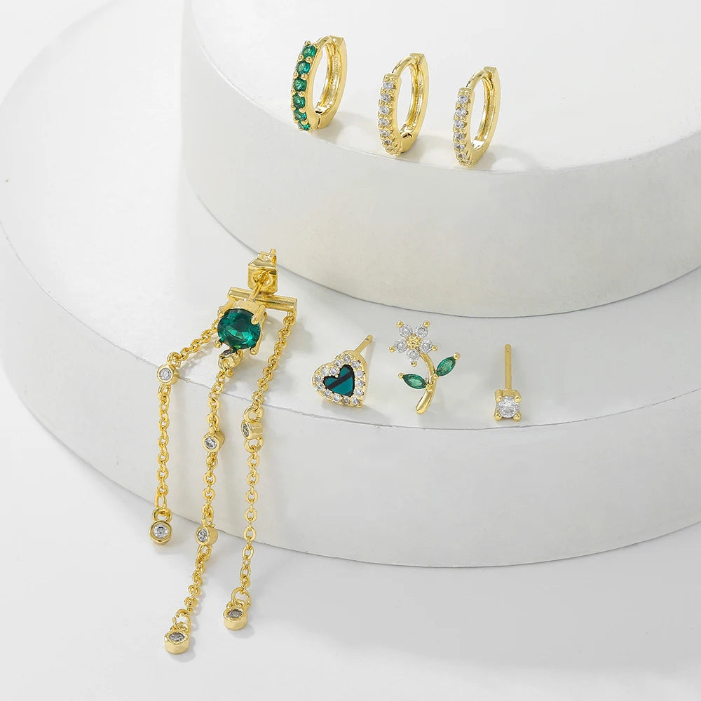 Green Zircon Tassel Chain Stainless Steel Hoop Earrings 18K Gold