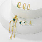 Green Zircon Tassel Chain Stainless Steel Hoop Earrings 18K Gold
