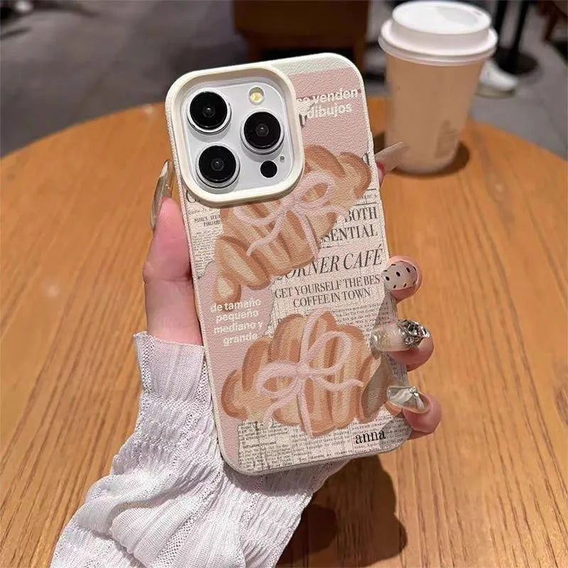 Croissant Newspaper Lychee Case for iPhone 17 16 15 14 13 Pro Max