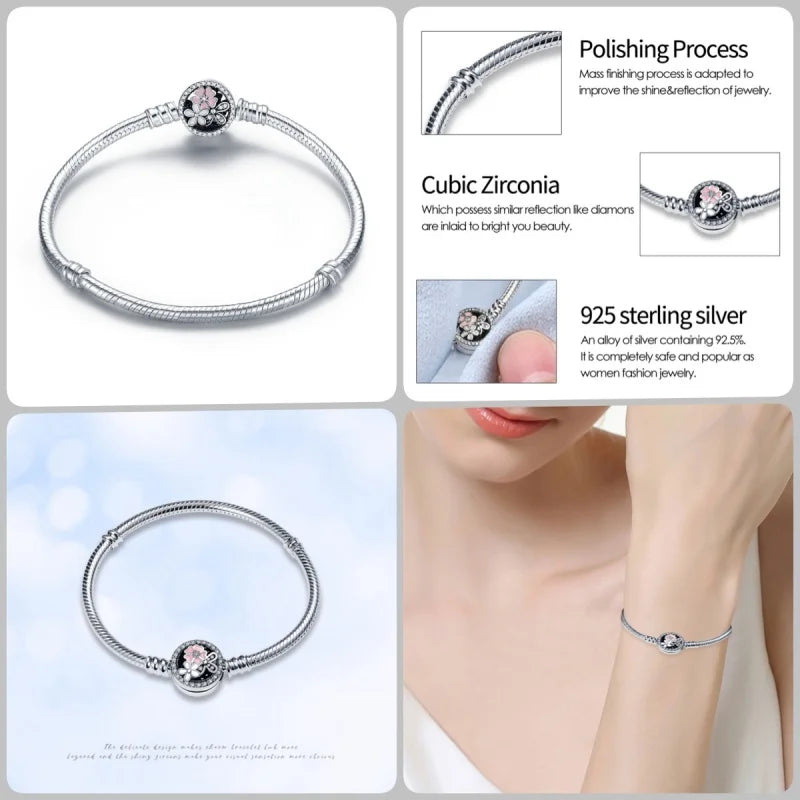 925 Silver 17-20CM Heart Pave Zirconia Original Bracelets Infinity Bracelet Fit DIY Charms Bead Birthday Jewelry Gifts Hot Sale