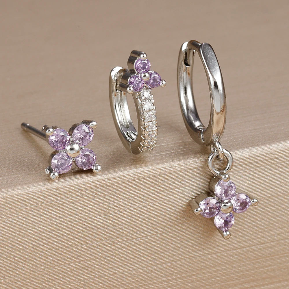 3PCS Gold Plated Lightning Flower Chain Drop Earrings Zircon Dangle