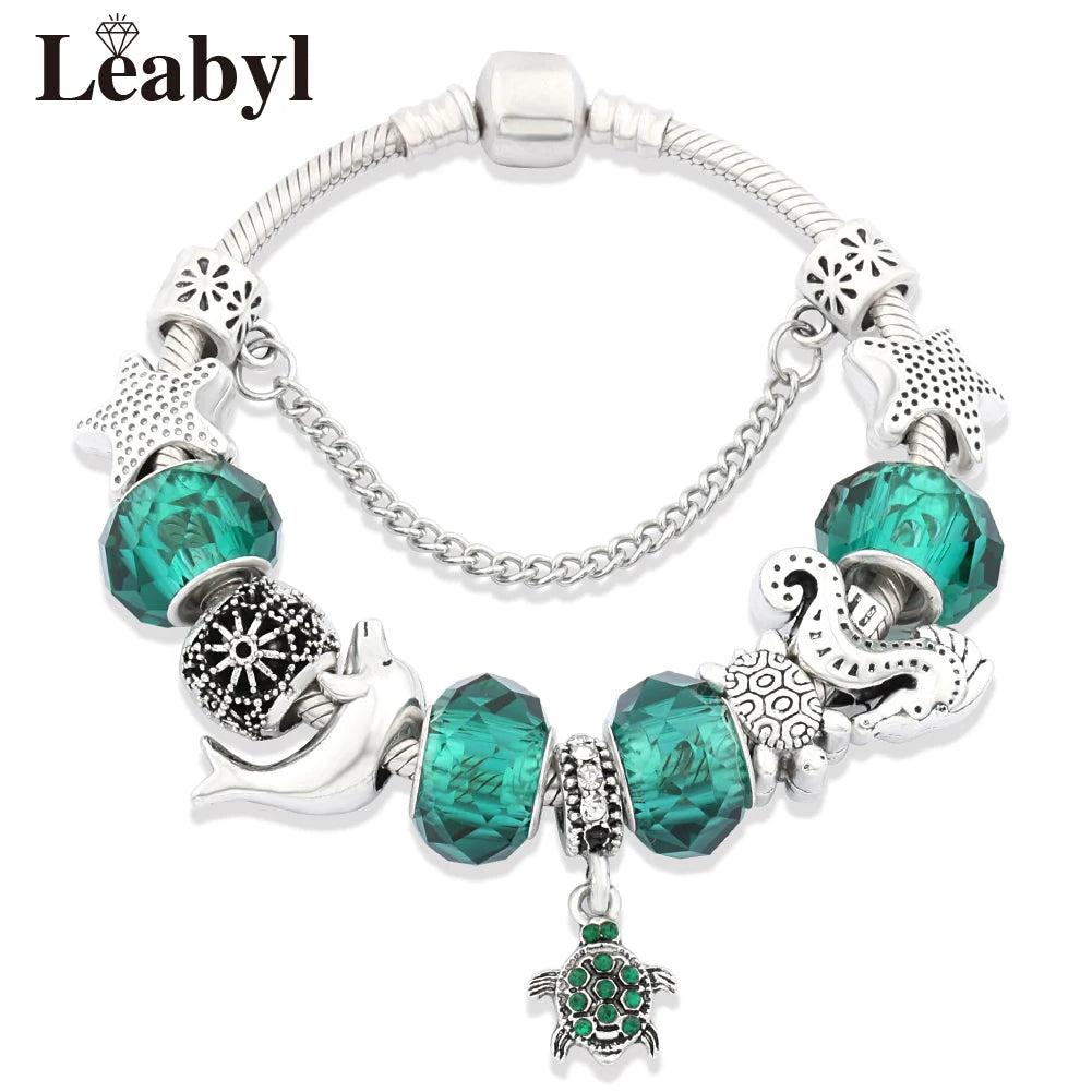 Classic Dolphin Charm Bracelet Blue Murano Crystal Glass DIY Bead Bangle
