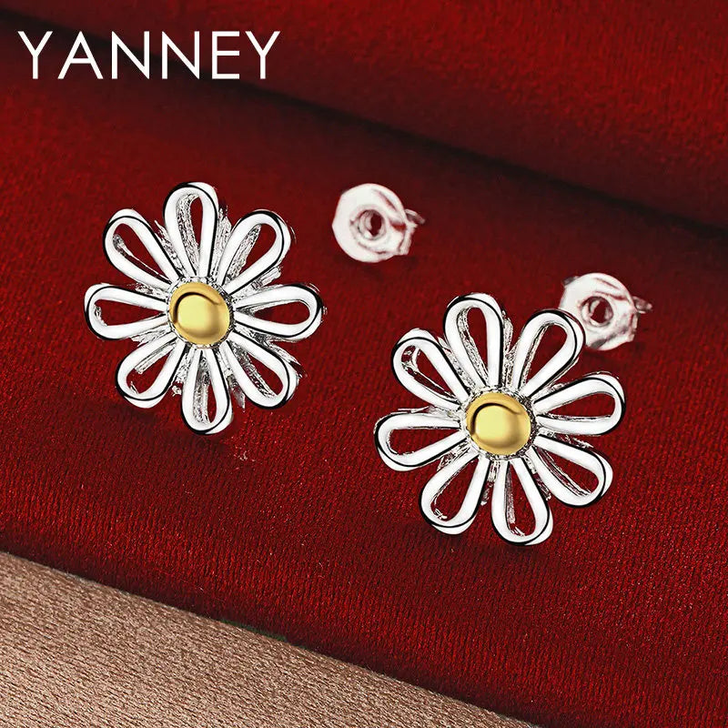 925 Sterling Silver Sunflower Stud Earrings Women Fashion Wedding Jewellery