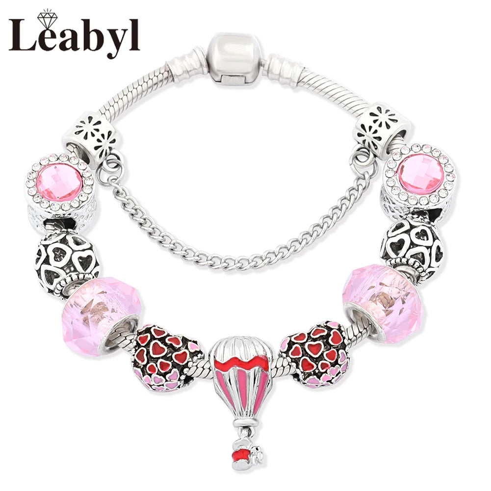 Romantic Pink Heart Charm Bracelet Fine Crystal DIY Bead Bangle Gift