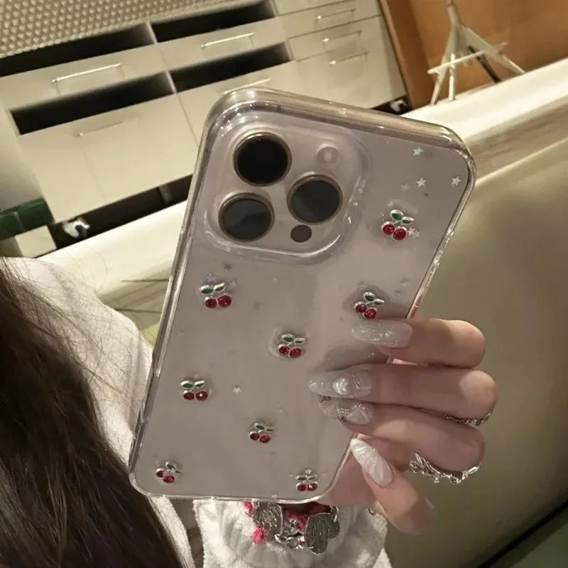 Glitter Diamond 3D Cherry Sequins Clear Case for iPhone 17 16 15
