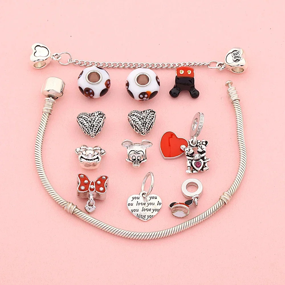 Red Black Enamel Bowknot Heart Pendant Bracelet Mickey Minnie Beads Gift