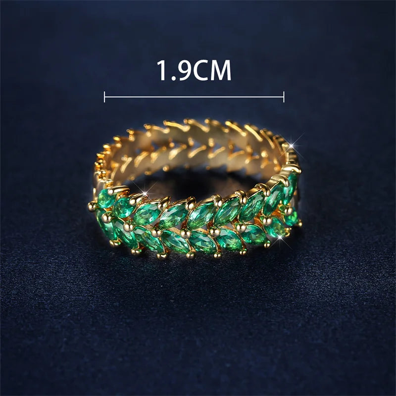 Luxury Female Green Pink Leaf Zircon Jewelry Gold Color Engagement Rings For Women Charm Bride Vintage Promise Wedding Bands