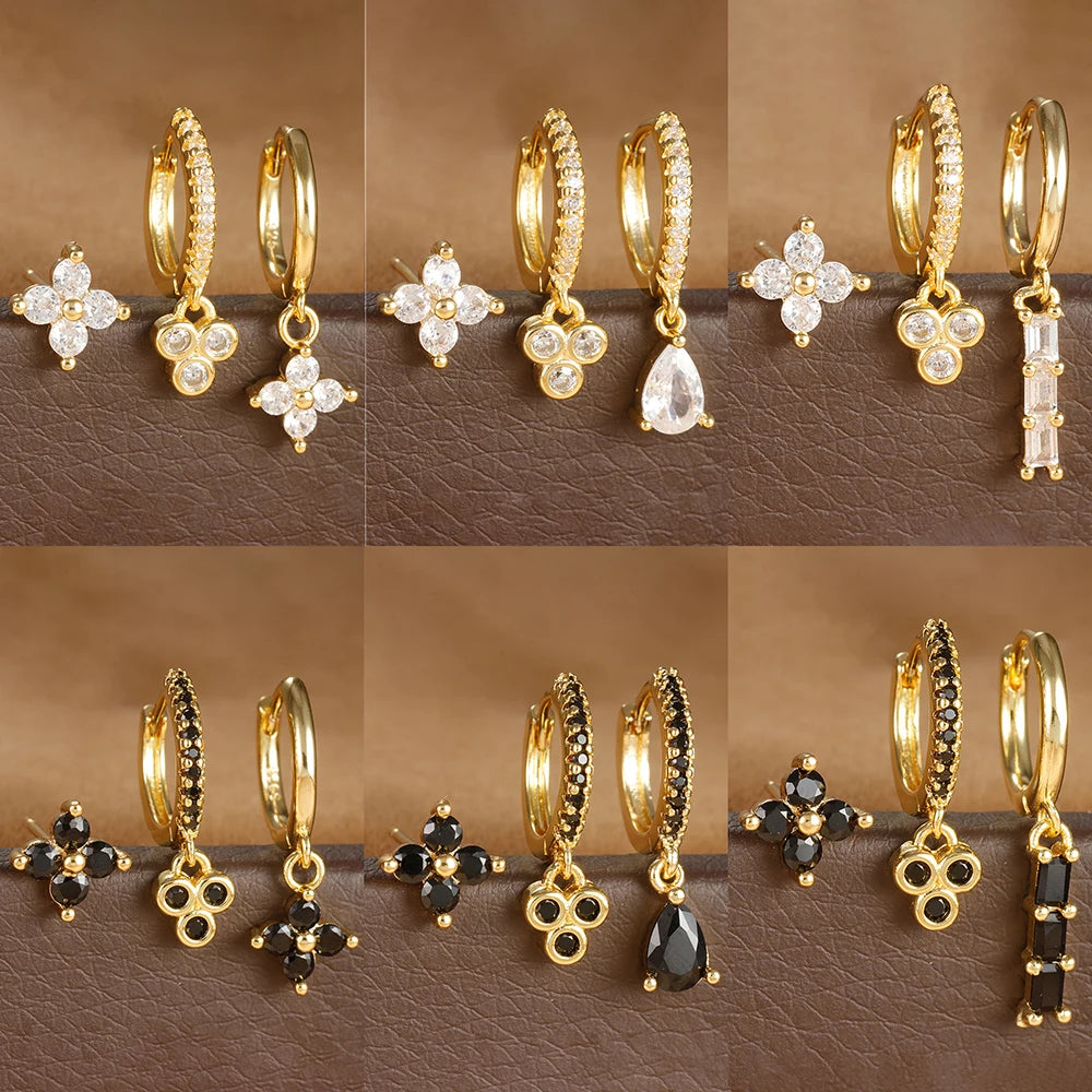 3PCS Vintage Stainless Steel Flowers Huggies Hoop Earrings Zircon