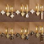 3PCS Vintage Stainless Steel Flowers Huggies Hoop Earrings Zircon