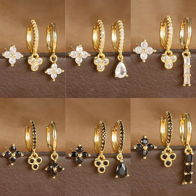 3PCS Vintage Stainless Steel Flowers Huggies Hoop Earrings Zircon