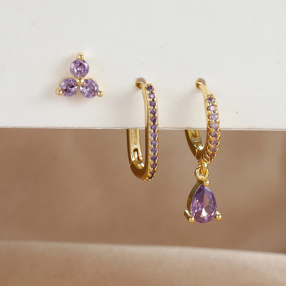 3PCS Waterdrop Shape Zircon Hoop Earrings Triangle Flower Studs