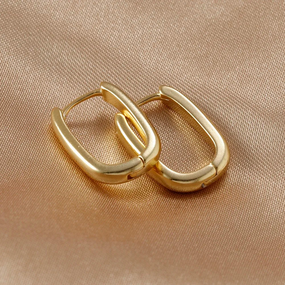 2PCS Gold Colour Square Stainless Steel Hoop Earrings Minimalist Punk
