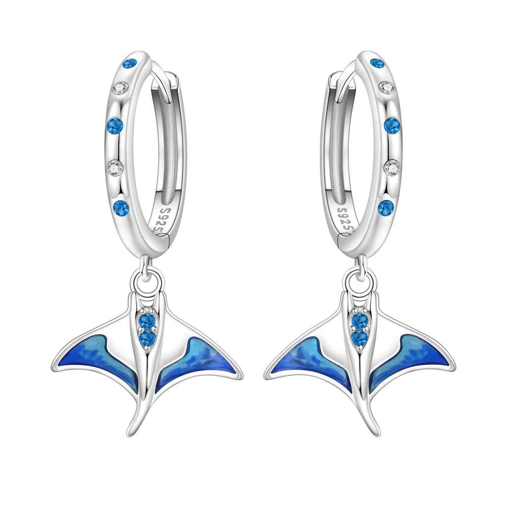 925 Sterling Silver Blue Devil Fish Hoop Earrings Anniversary Jewellery Gift