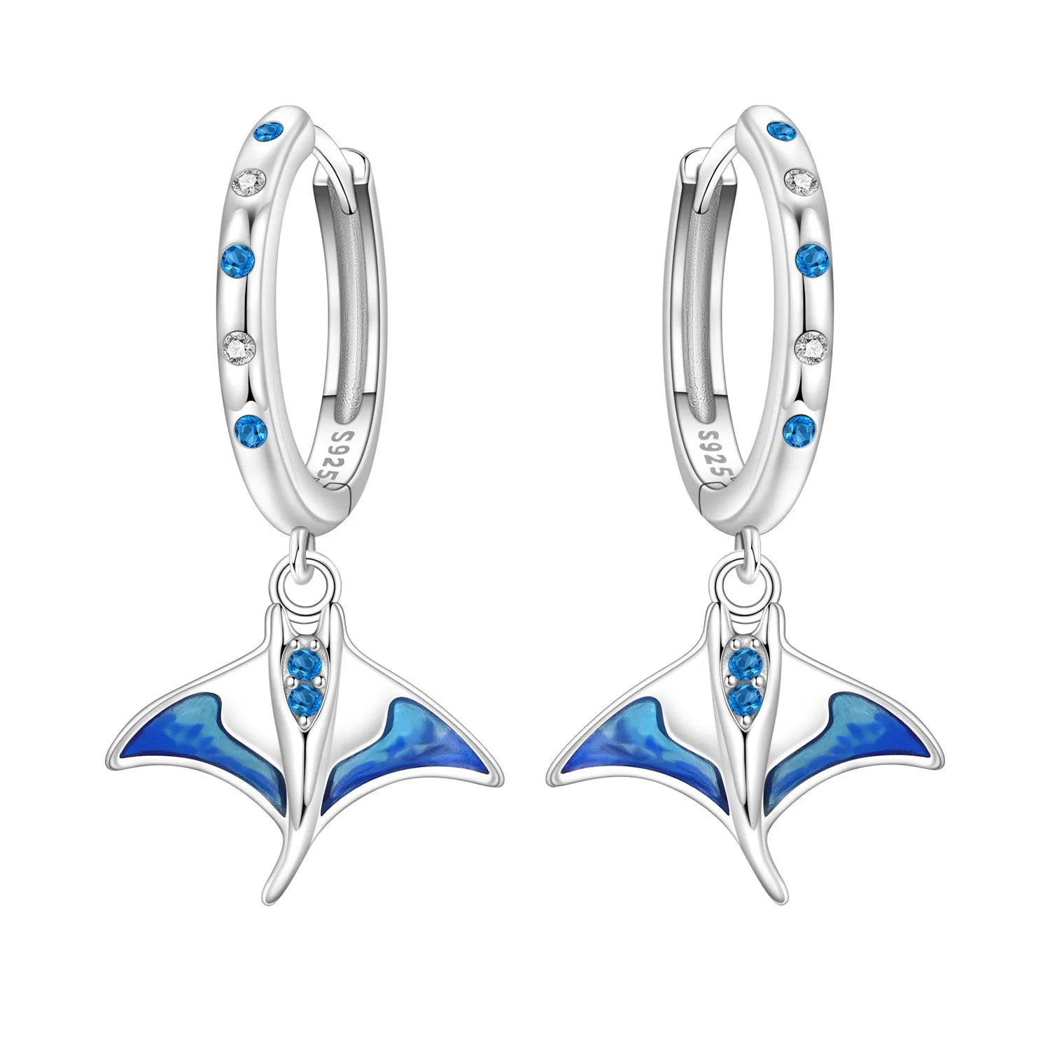 925 Sterling Silver Blue Devil Fish Hoop Earrings Anniversary Jewellery Gift