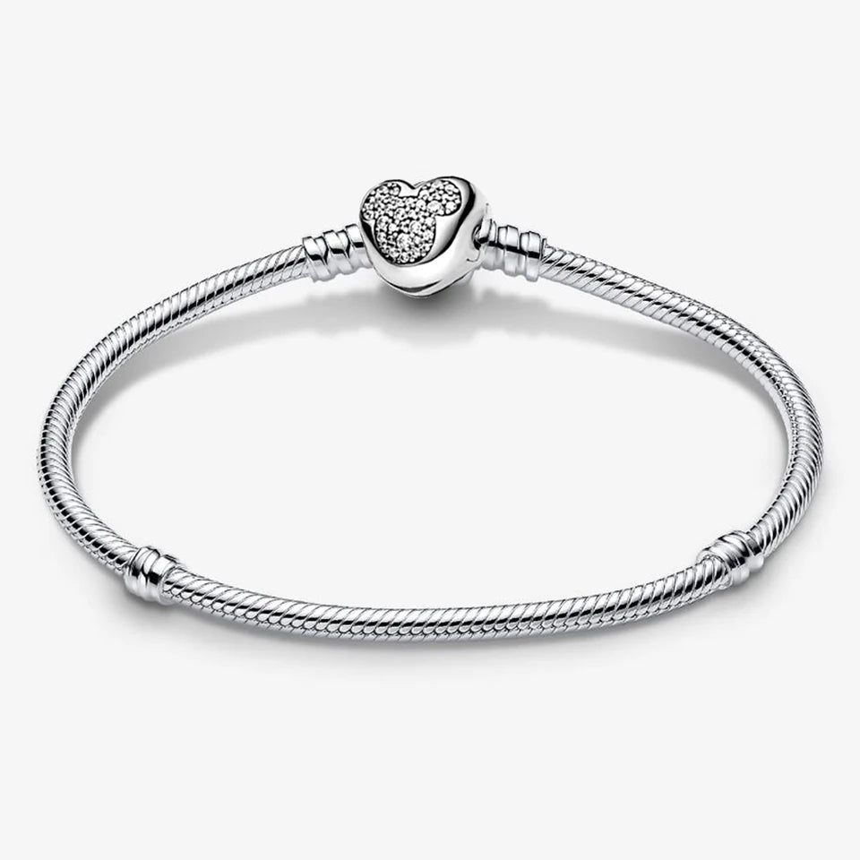 New 925 Silver Sparkling Heart to Heart Double Loop Leather Rope Weaving Bracelet Fashion DIY Charm Exquisite Jewelry Gift