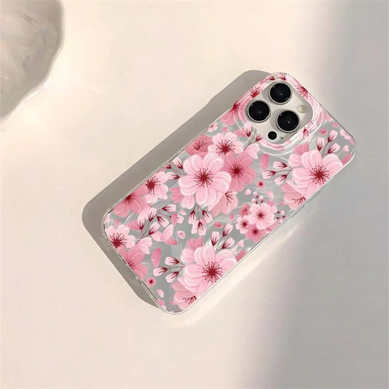 Pink Peach Flower Glitter Case for iPhone 17 16 15 14 13 12 11 Pro Max Plus